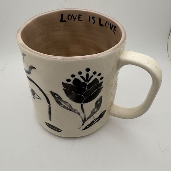 Anthropologie Hestia Mug Love is Love White Black Face Flowers Inside Message - Picture 2 of 5